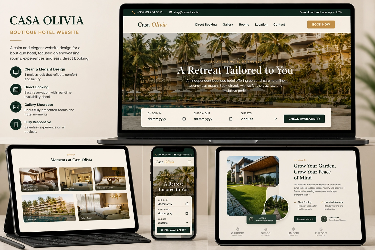Casa Olivia Boutique Hotel responsive website design showcasing a luxury hotel homepage with online direct booking, room gallery, availability search, and a clean, elegant interface optimized for desktop, tablet, and mobile.