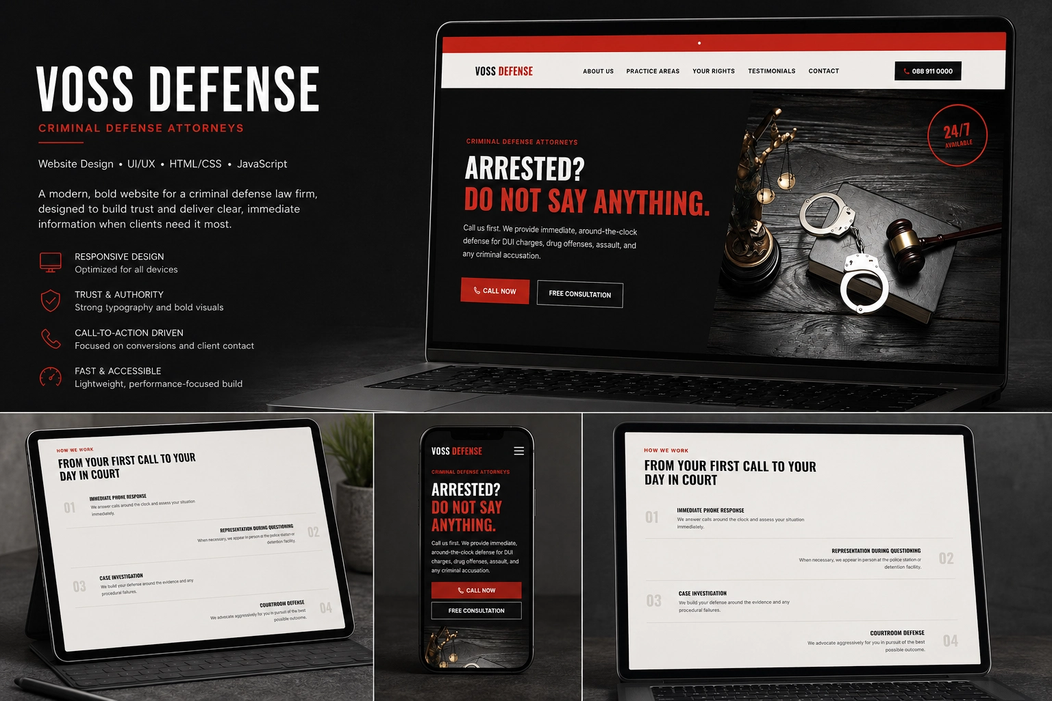 Laptop, tablet, and phone screens display a modern criminal defense attorney website with bold red and white text, law-related images, and navigation menus for practice areas and contact options.