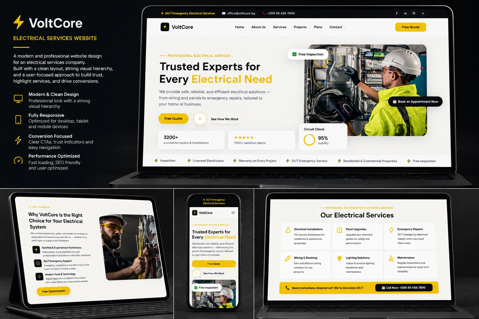 VoltCore Electrical Services responsive website design showcasing a professional electrician website with emergency electrical services, installations, repairs, online quote requests, and a modern, SEO-friendly interface optimized for desktop, tablet, and mobile.