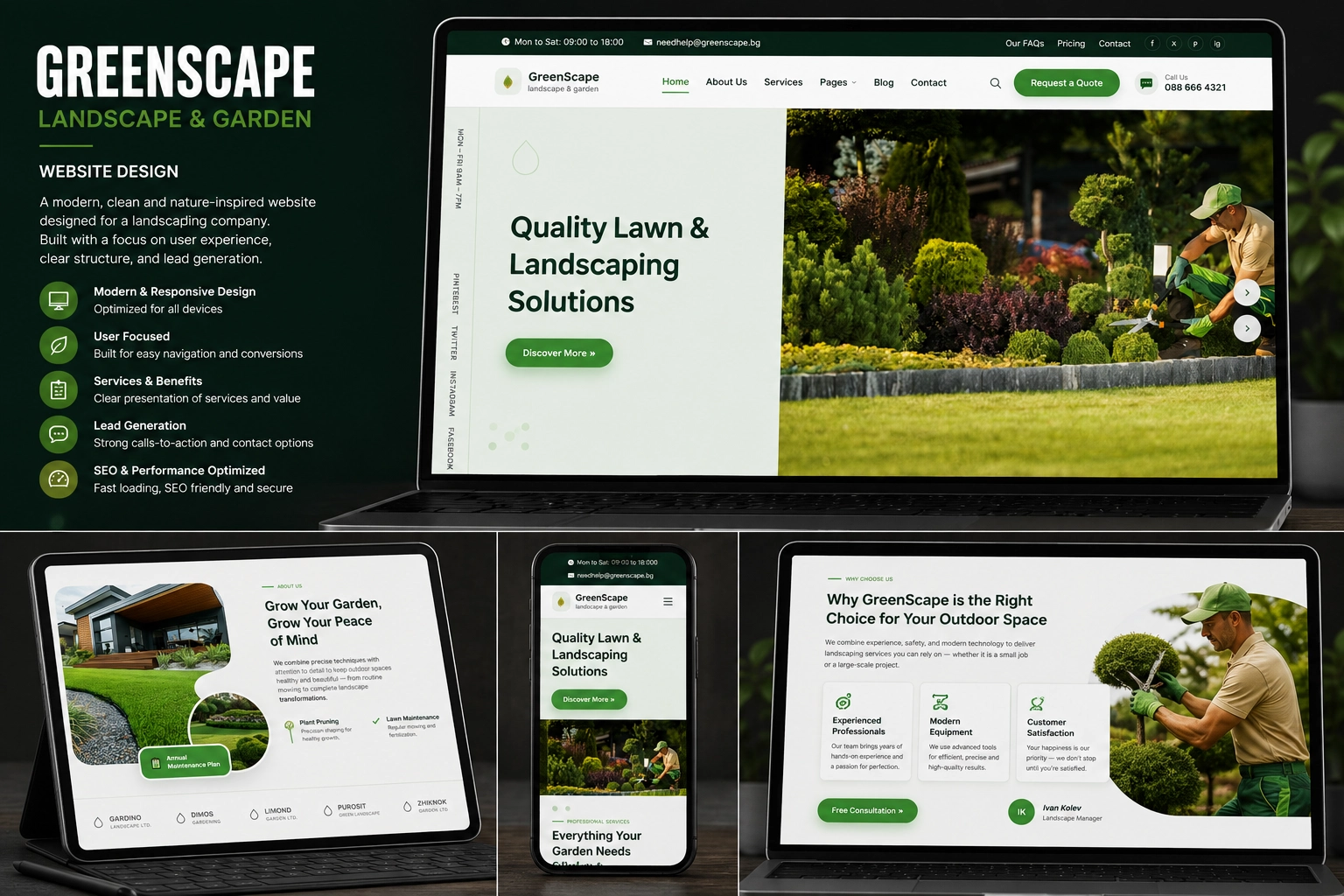 Five screens display a landscape and garden website design featuring lawn care images, service details, and navigation menus, shown on desktop, laptop, and tablet devices in a green color scheme.