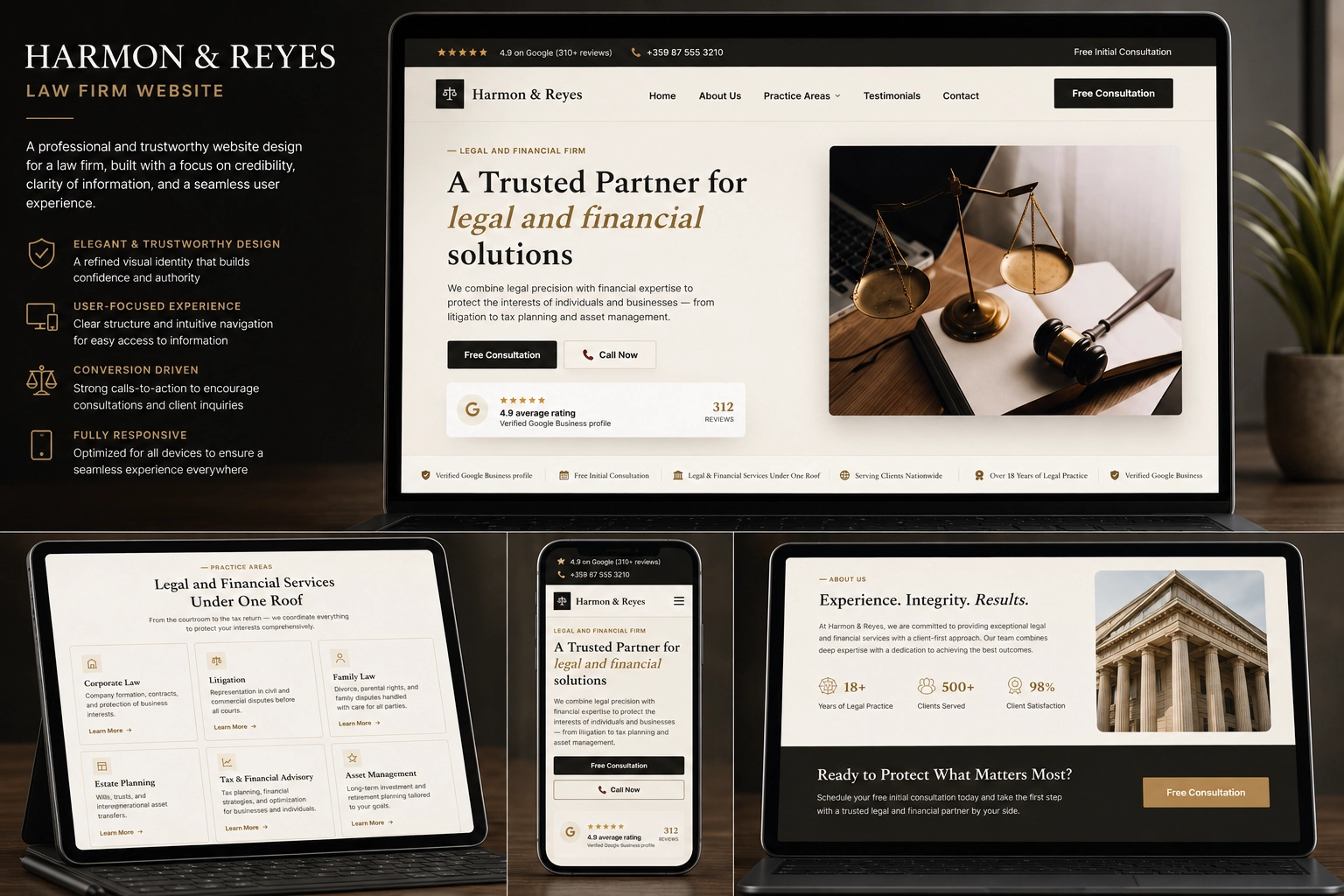 Harmon & Reyes Law Firm responsive website design showcasing a professional attorney website with legal services, practice areas, free consultation, client testimonials, and a modern, SEO-friendly interface optimized for desktop, tablet, and mobile.
