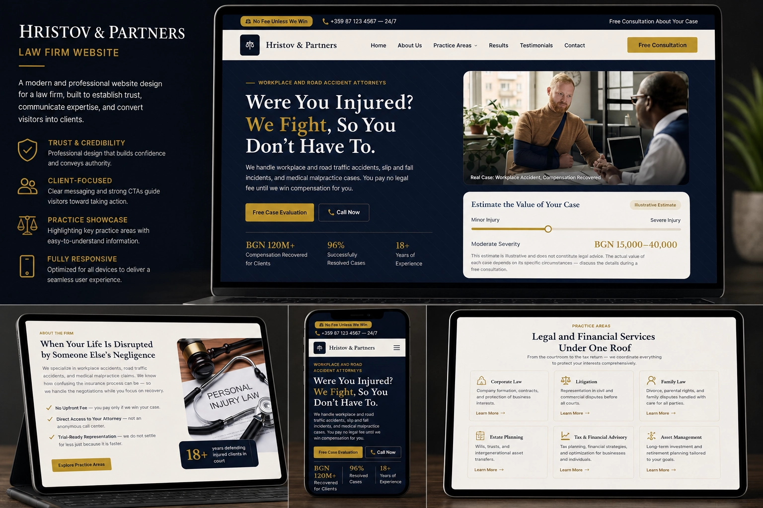 Hristov & Partners Law Firm responsive website design showcasing a personal injury attorney website with free consultation, accident claims, legal services, case results, and a modern, SEO-friendly interface optimized for desktop, tablet, and mobile.